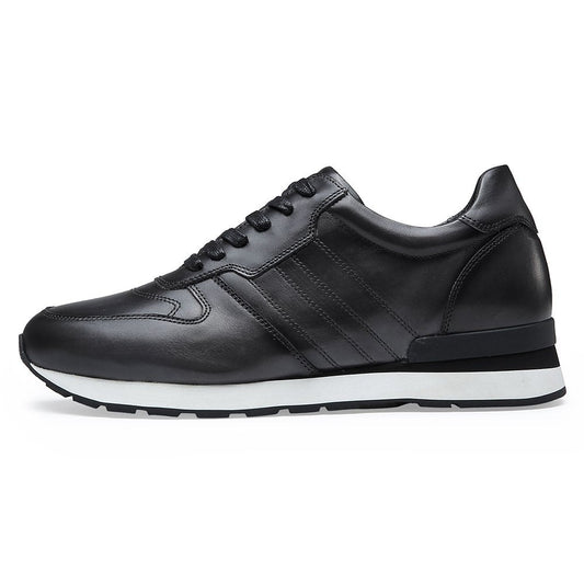 Men's Black Leather Elevator Sneakers Casual Running Shoes | + 8cm