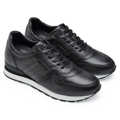 Men's Black Leather Elevator Sneakers Casual Running Shoes | + 8cm