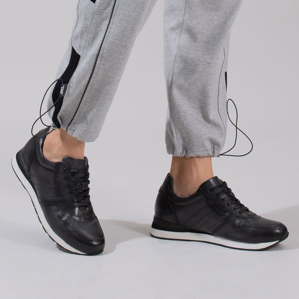 Men's Black Leather Elevator Sneakers Casual Running Shoes | + 8cm