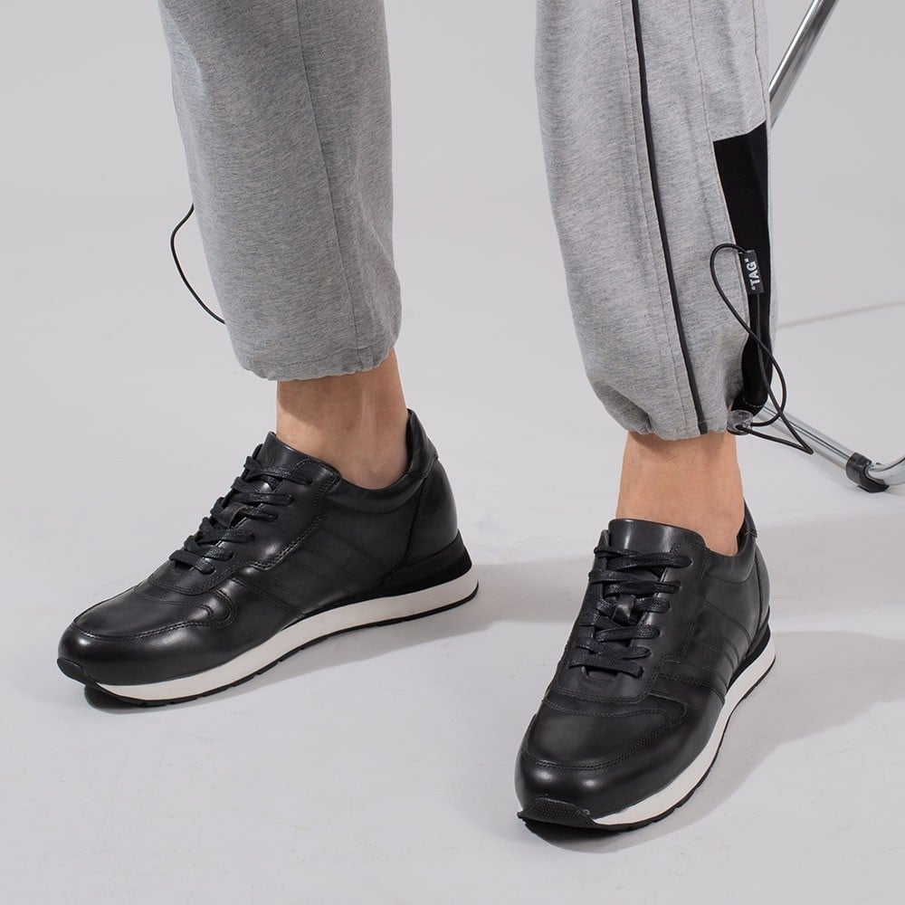 Men's Black Leather Elevator Sneakers Casual Running Shoes | + 8cm