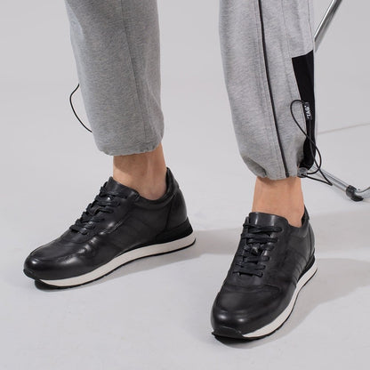 Men's Black Leather Elevator Sneakers Casual Running Shoes | + 8cm