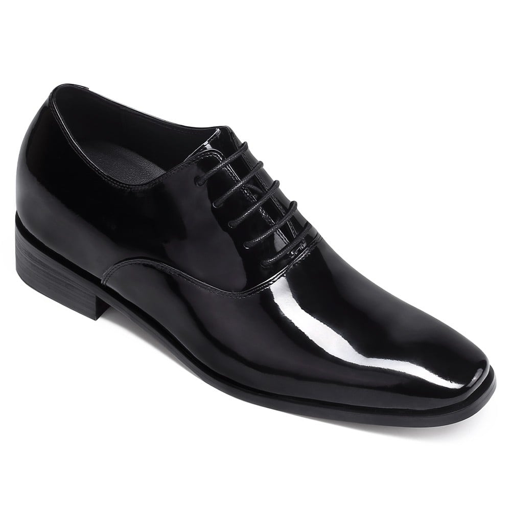 Men's Black Patent Leather Elevator Dress Shoes | +7cm
