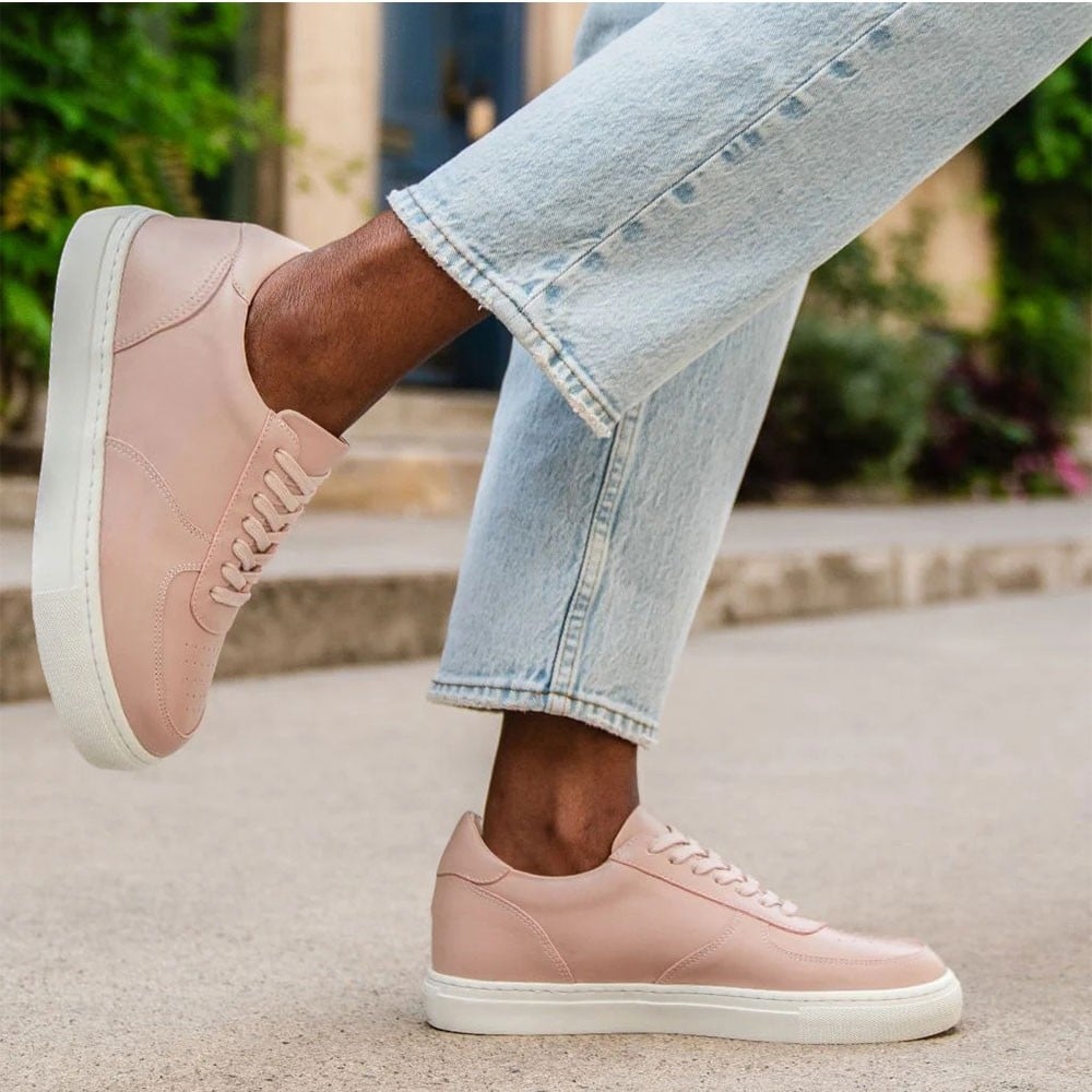 Women's Pink Leather Height Increasing Casual Sneakers | +7cm