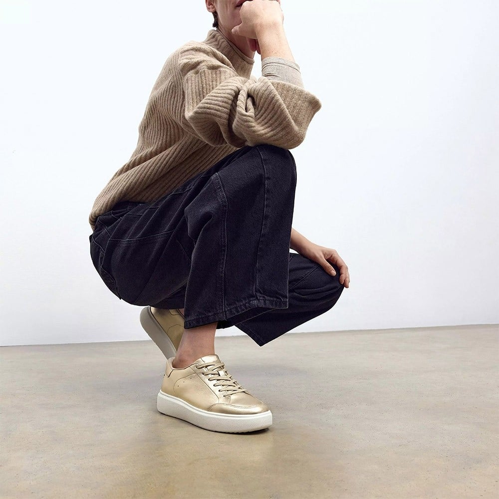 Women's Gold Leather Height Increasing Casual Sneakers | +7cm