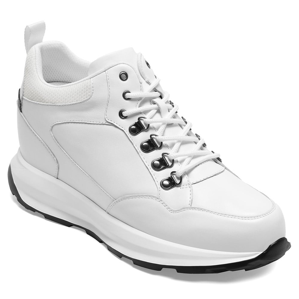 Men's White Leather High Top Athletic Sneakers | +10cm
