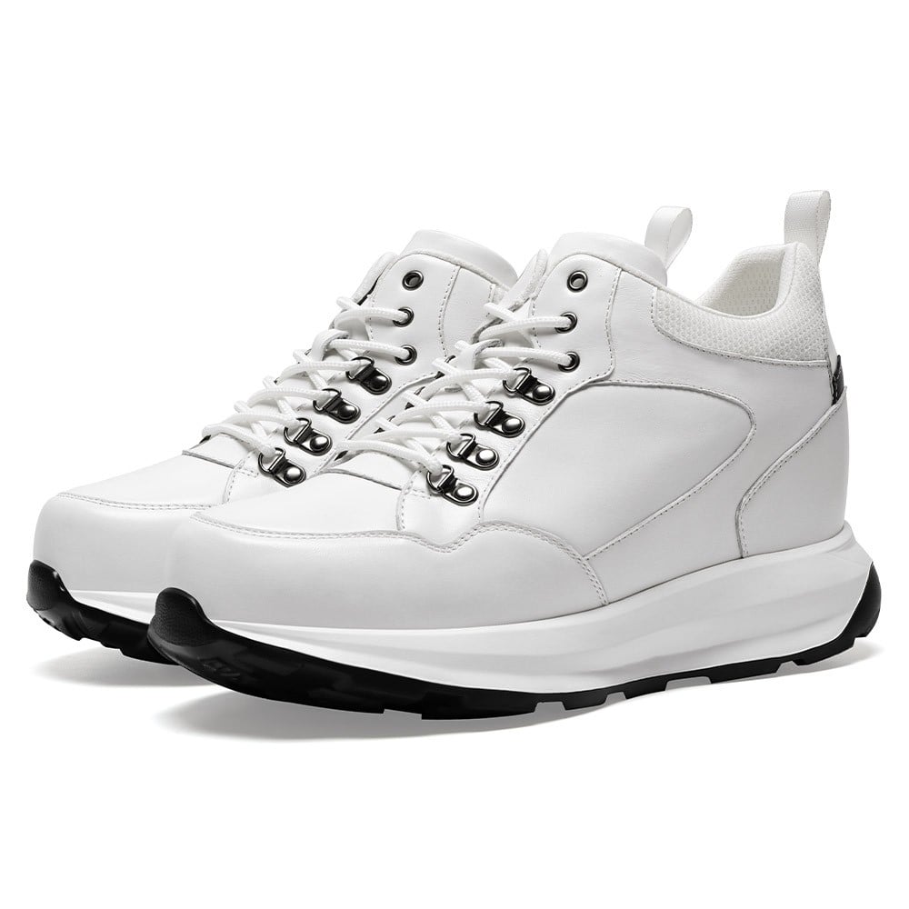 Men's White Leather High Top Athletic Sneakers | +10cm
