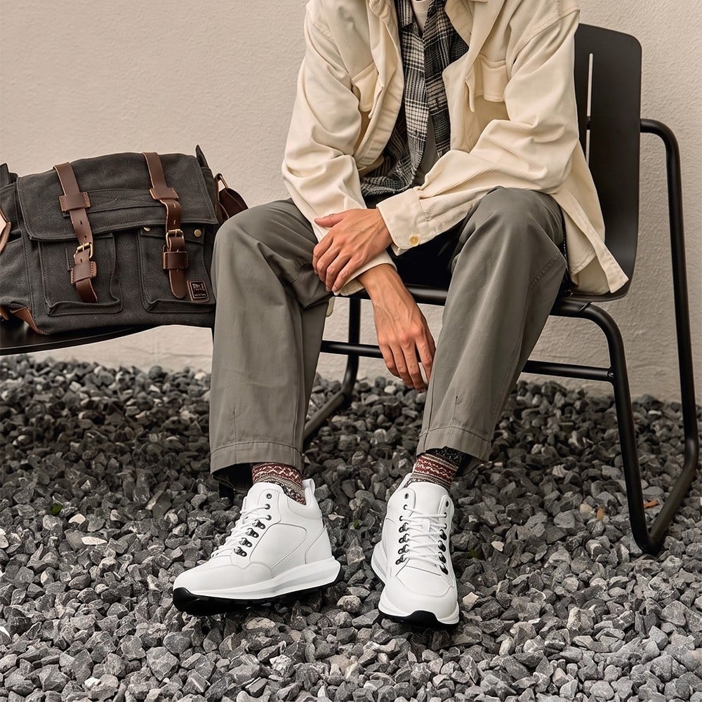 Men's White Leather High Top Athletic Sneakers | +10cm