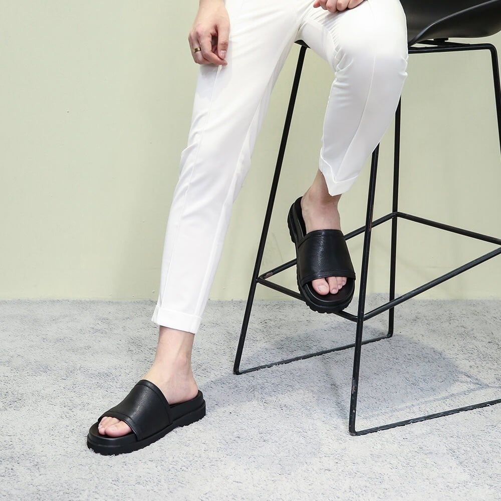 Men's Black Leather Elevator Slide Sandals | +6cm
