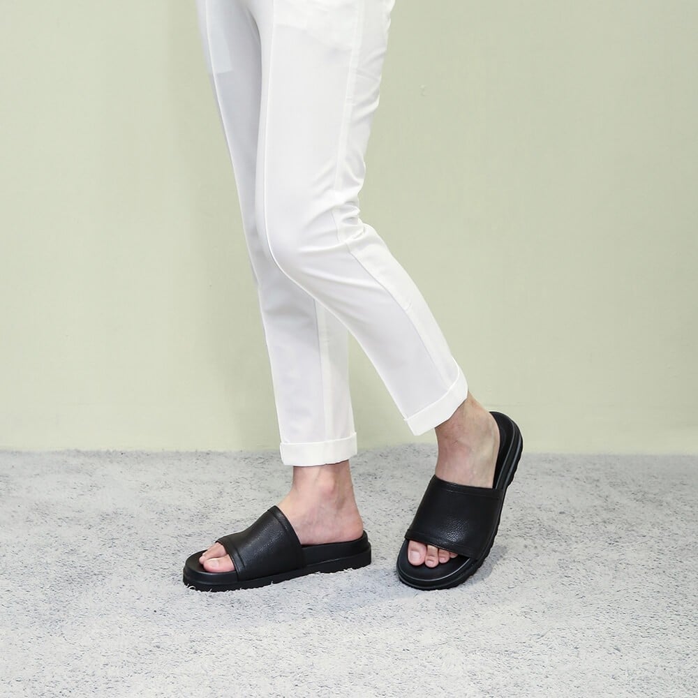 Men's Black Leather Elevator Slide Sandals | +6cm