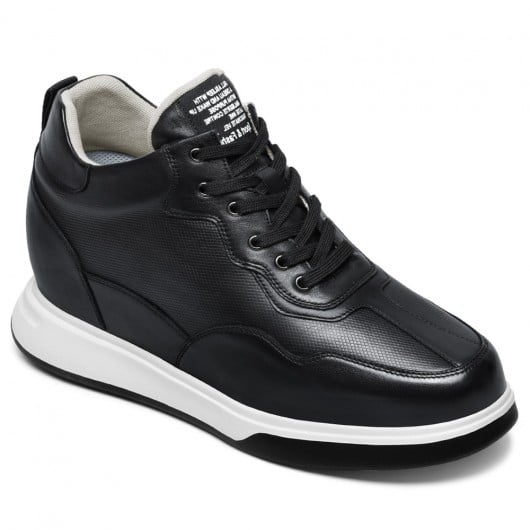 Men's Black Leather Height Increasing High Top Sneakers | +11cm