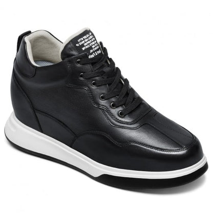 Men's Black Leather Height Increasing High Top Sneakers | +11cm