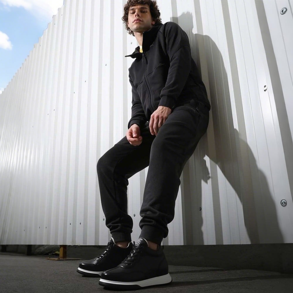 Men's Black Leather Height Increasing High Top Sneakers | +11cm