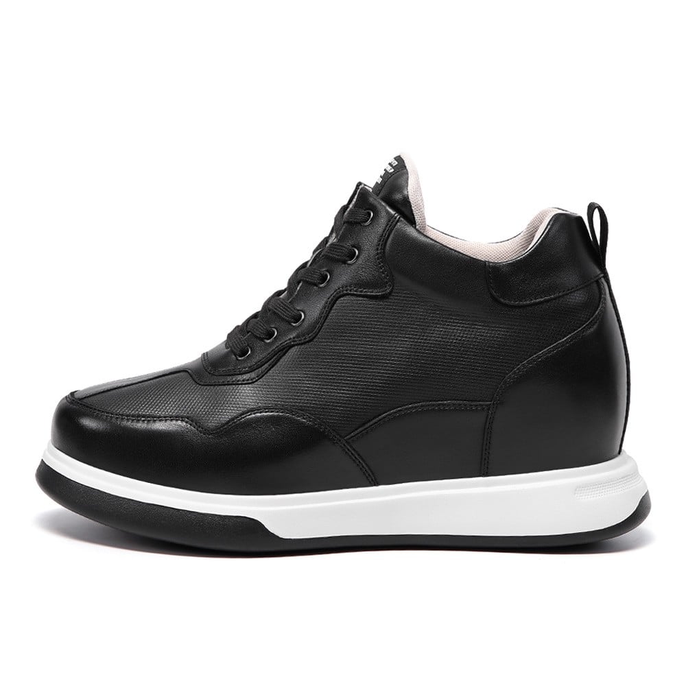 Men's Black Leather Height Increasing High Top Sneakers | +11cm