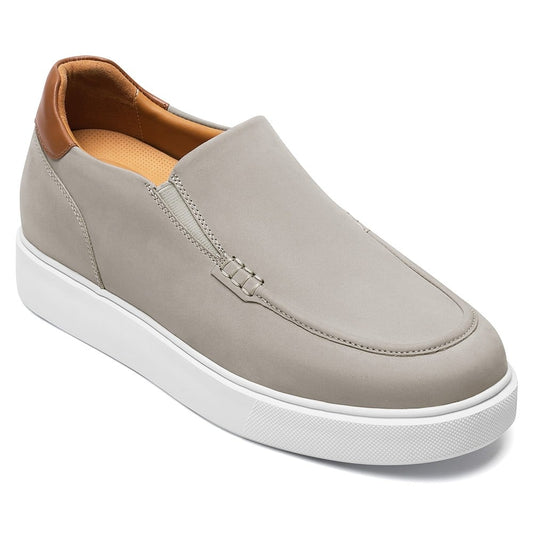 Men's Gray Leather Slip On Elevator Shoes Loafers | +7cm