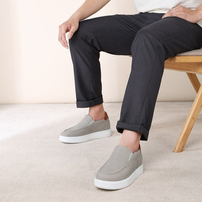 Men's Gray Leather Slip On Elevator Shoes Loafers | +7cm