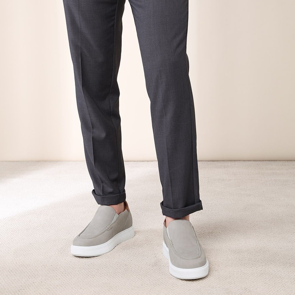 Men's Gray Leather Slip On Elevator Shoes Loafers | +7cm