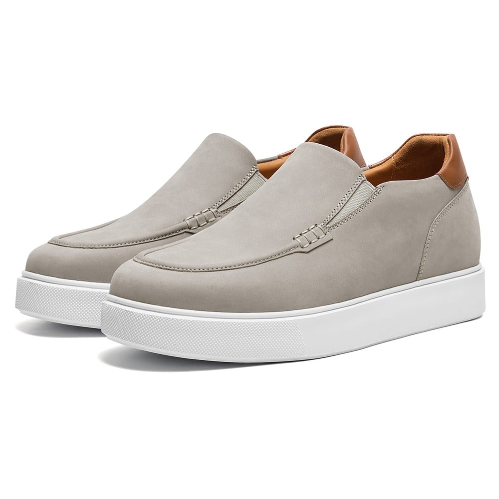 Men's Gray Leather Slip On Elevator Shoes Loafers | +7cm
