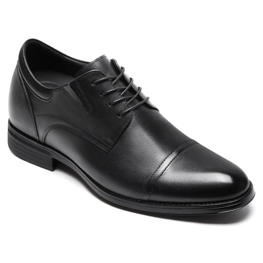 Men's Black Leather Cap Toe Elevator Dress Shoes  | +8cm