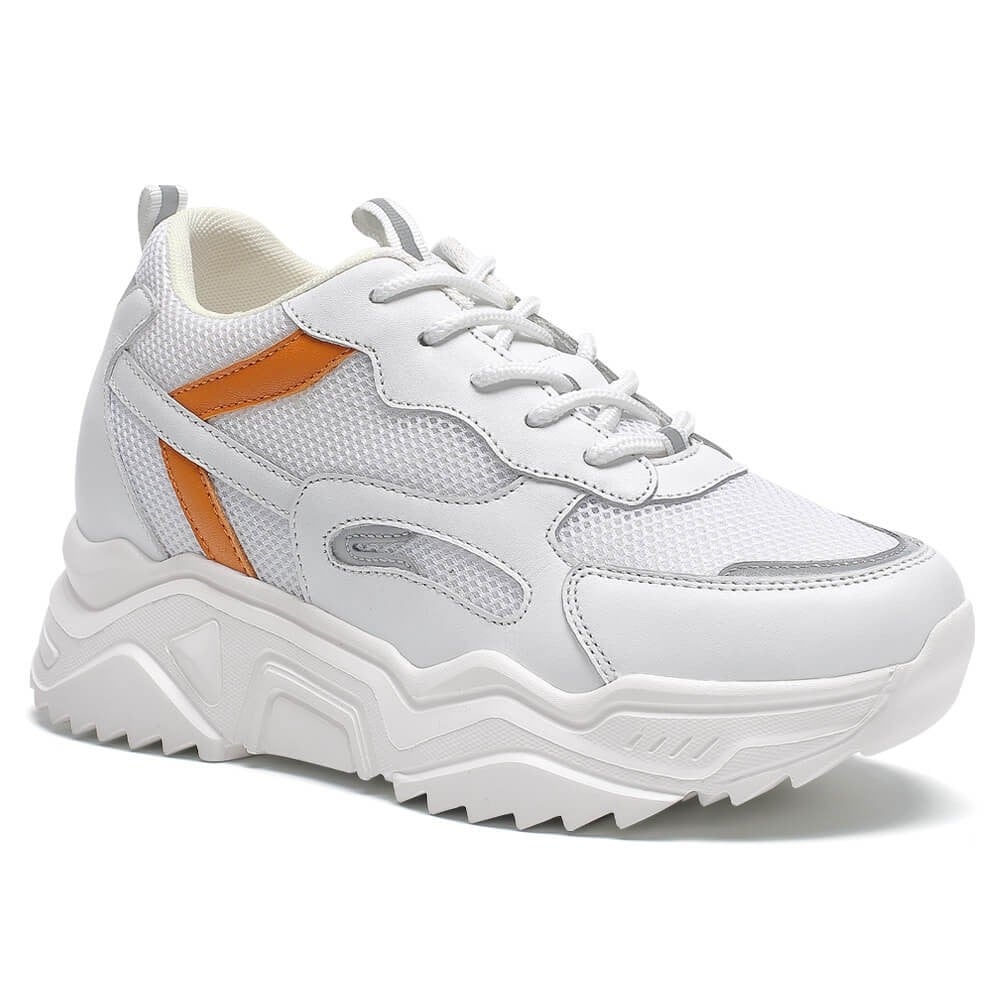 Women's White Orange Mesh Height Increasing Athletic Sneakers | +10cm