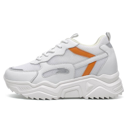 Women's White Orange Mesh Height Increasing Athletic Sneakers | +10cm