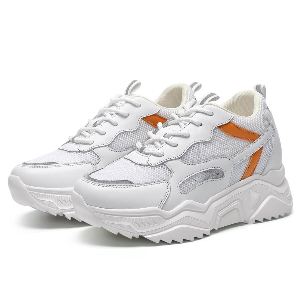 Women's White Orange Mesh Height Increasing Athletic Sneakers | +10cm