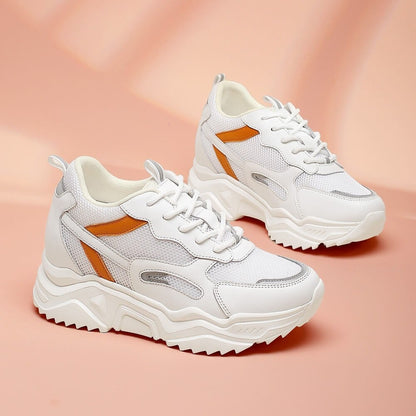 Women's White Orange Mesh Height Increasing Athletic Sneakers | +10cm