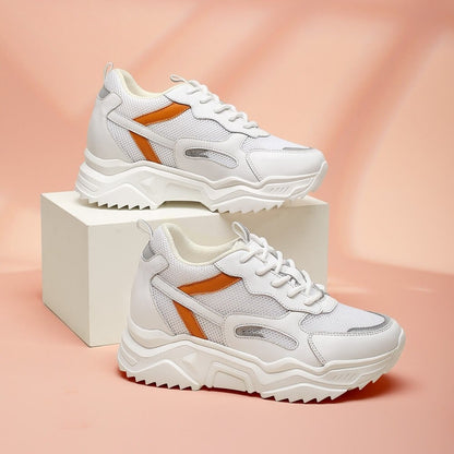 Women's White Orange Mesh Height Increasing Athletic Sneakers | +10cm