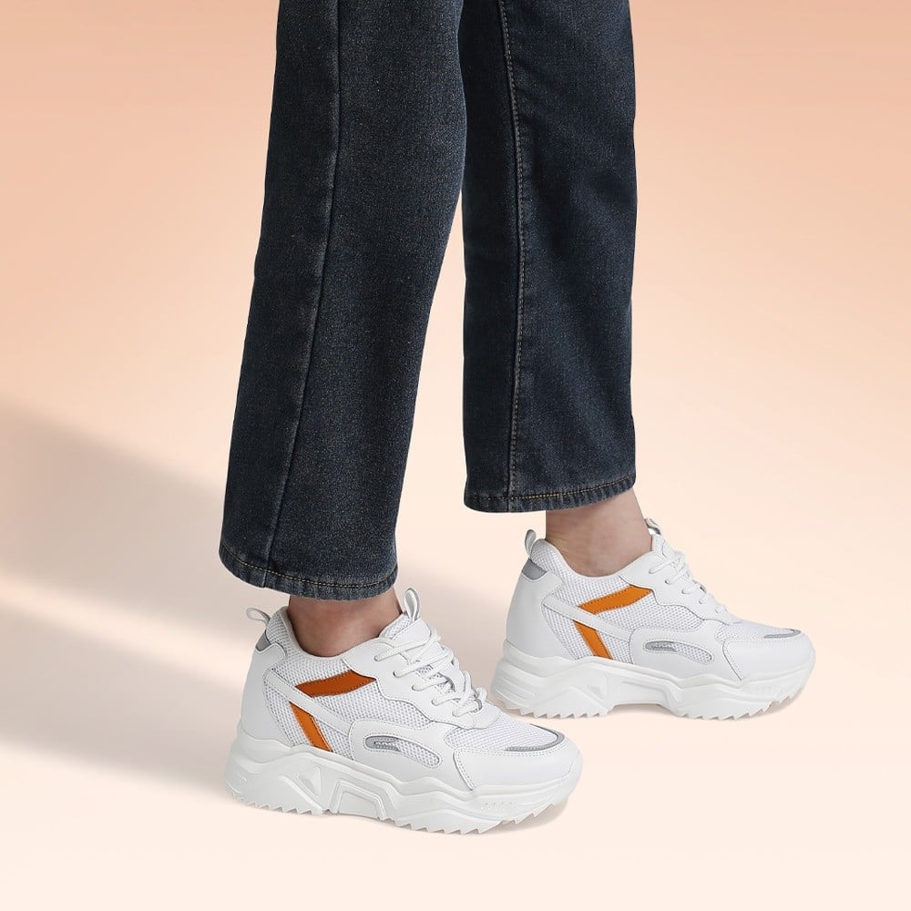 Women's White Orange Mesh Height Increasing Athletic Sneakers | +10cm