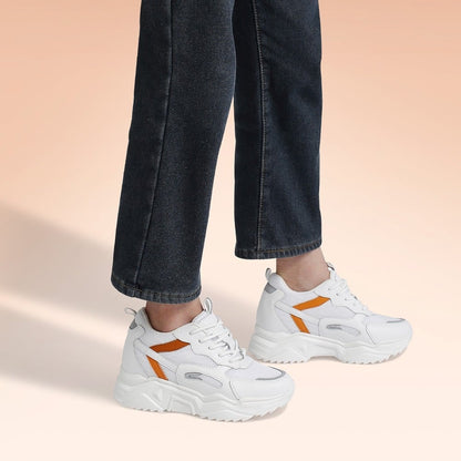 Women's White Orange Mesh Height Increasing Athletic Sneakers | +10cm