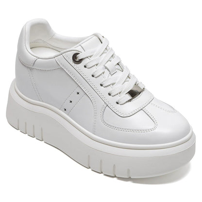 Women's White Leather Height Increasing Platform Sneakers | +8cm