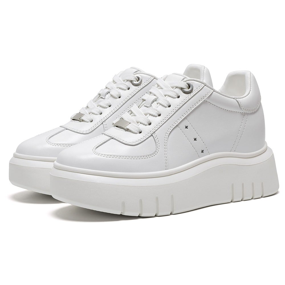 Women's White Leather Height Increasing Platform Sneakers | +8cm