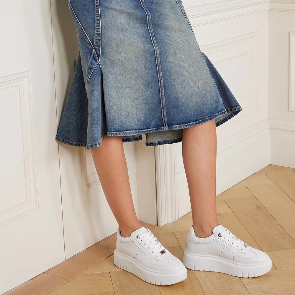 Women's White Leather Height Increasing Platform Sneakers | +8cm