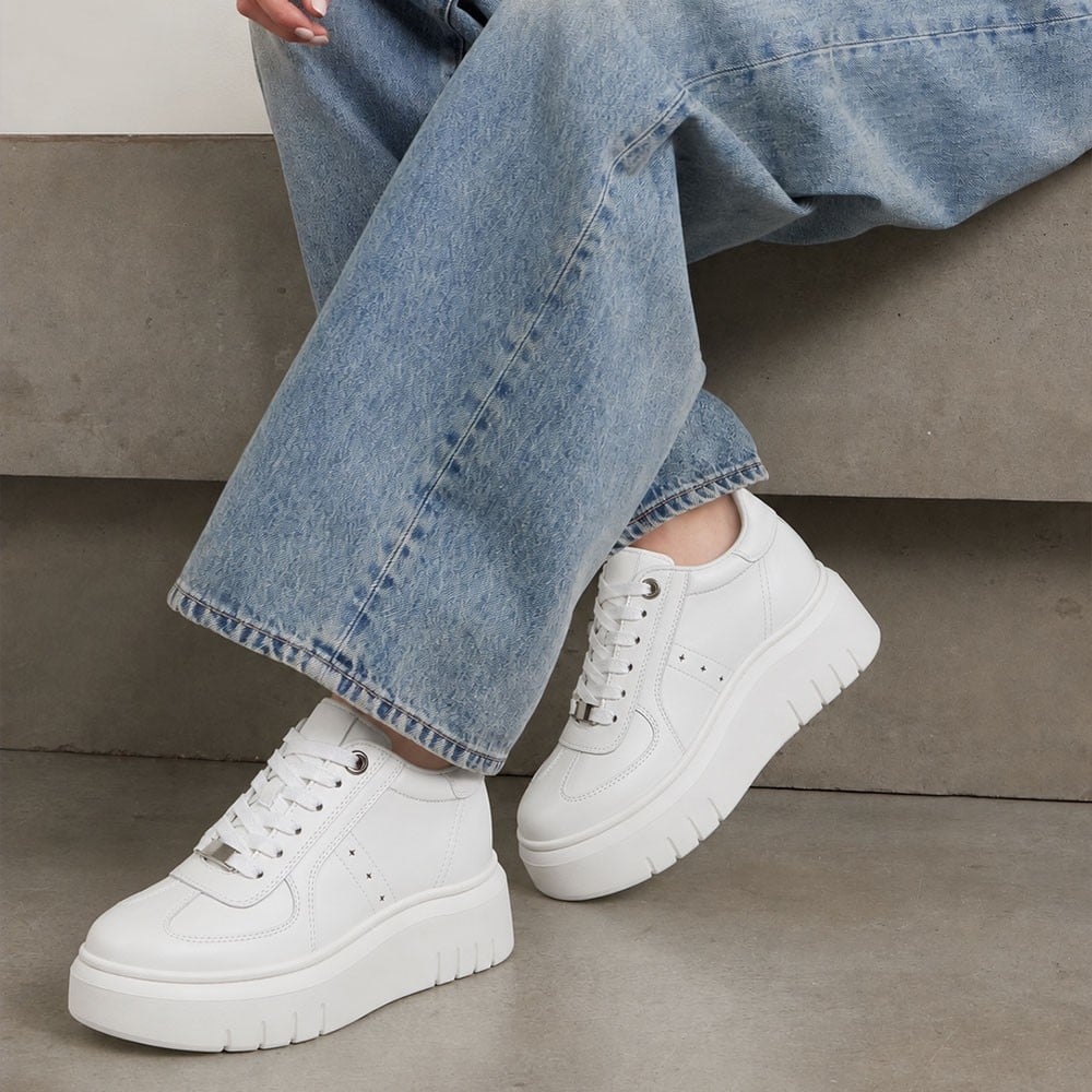 Women's White Leather Height Increasing Platform Sneakers | +8cm