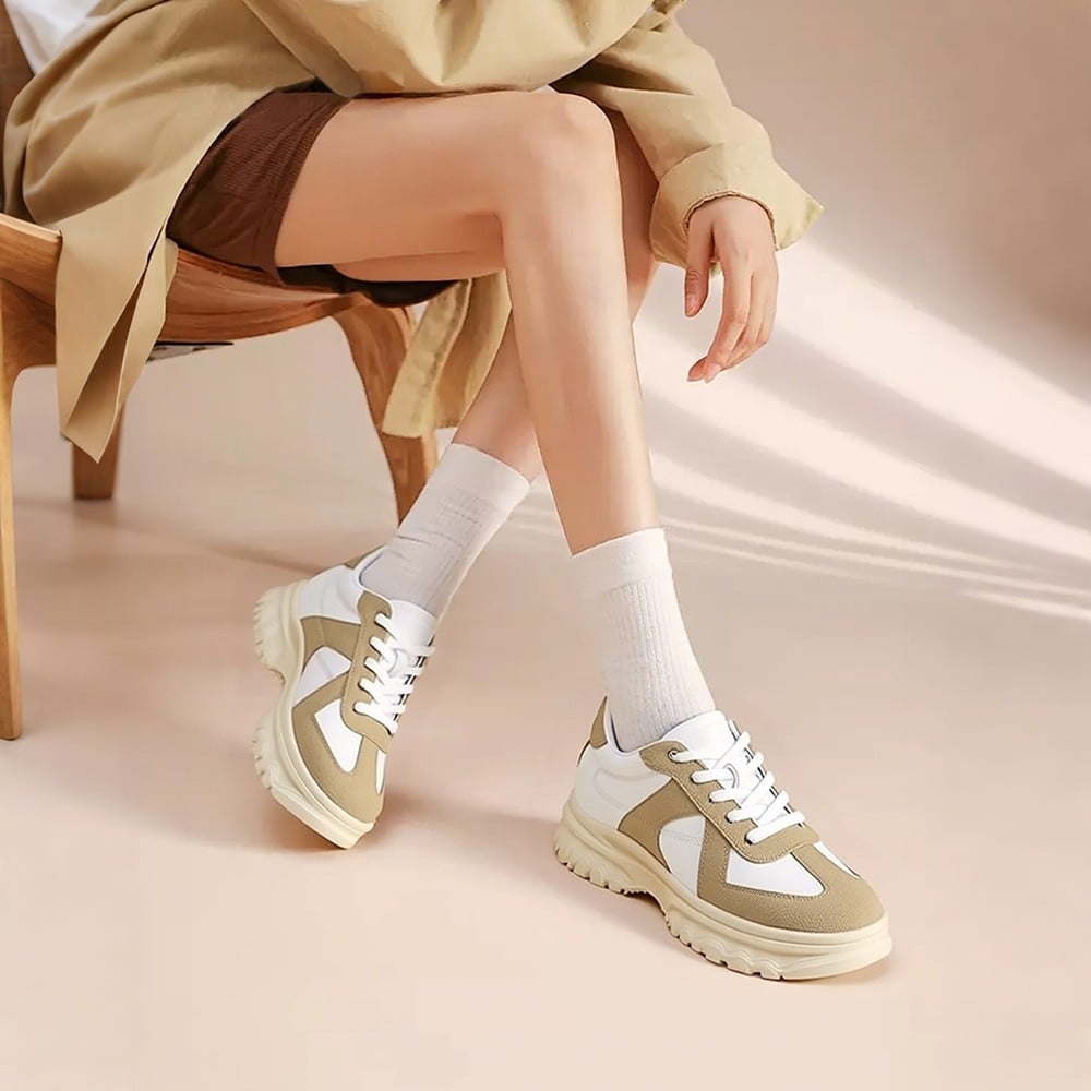 Women's Apricot Suede Height Increasing Casual Sneakers | +7cm