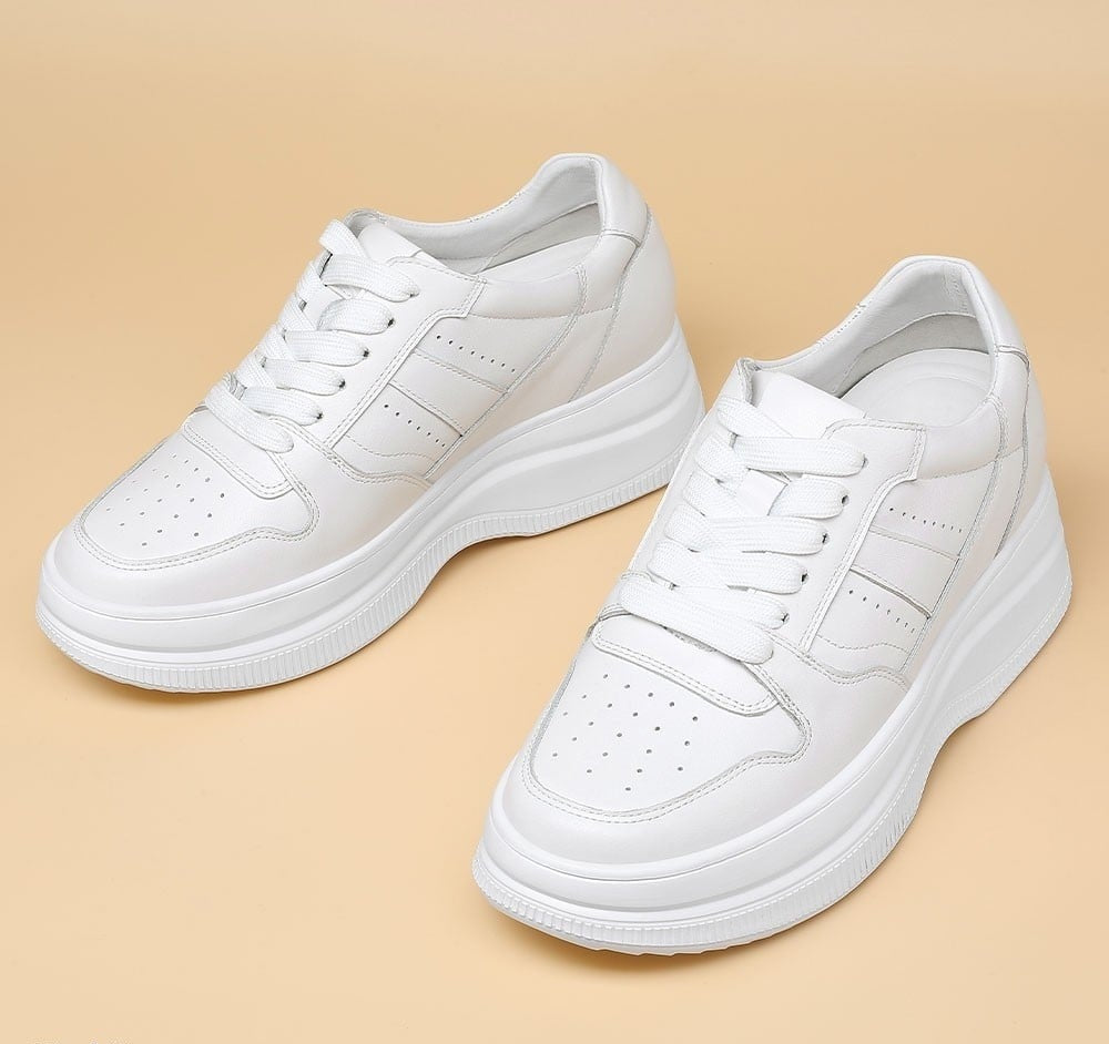 Women's White Platform Elevator Shoes Casual Sneakers | +8cm