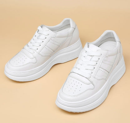 Women's White Platform Elevator Shoes Casual Sneakers | +8cm