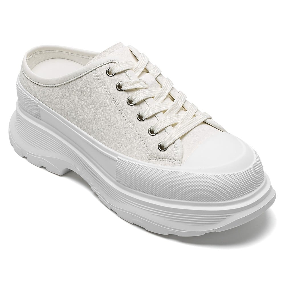 Women's White Leather Platform Elevator Mule Sneakers | +7cm