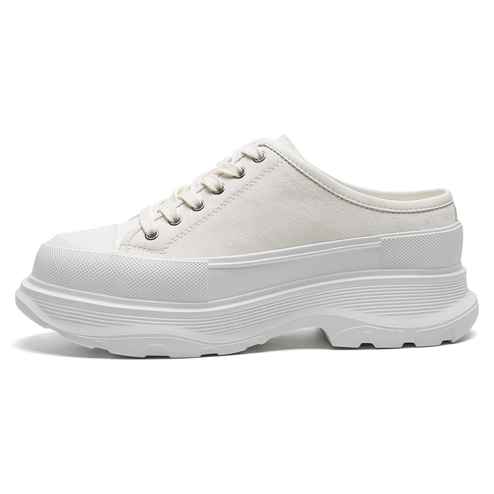 Women's White Leather Platform Elevator Mule Sneakers | +7cm