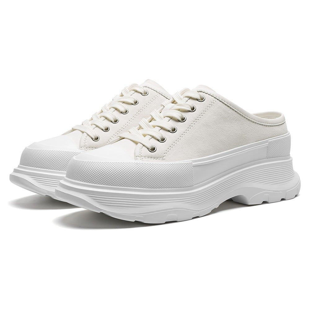 Women's White Leather Platform Elevator Mule Sneakers | +7cm