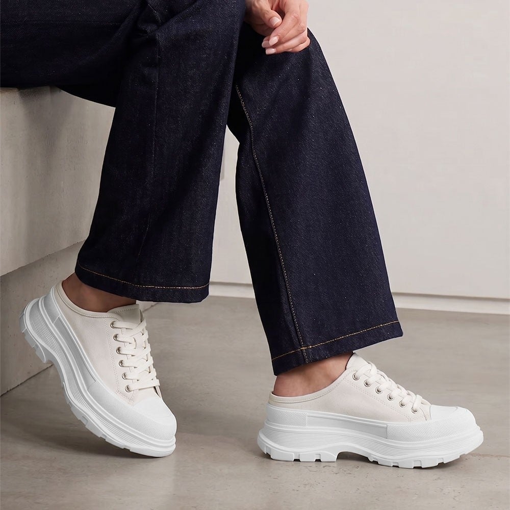 Women's White Leather Platform Elevator Mule Sneakers | +7cm