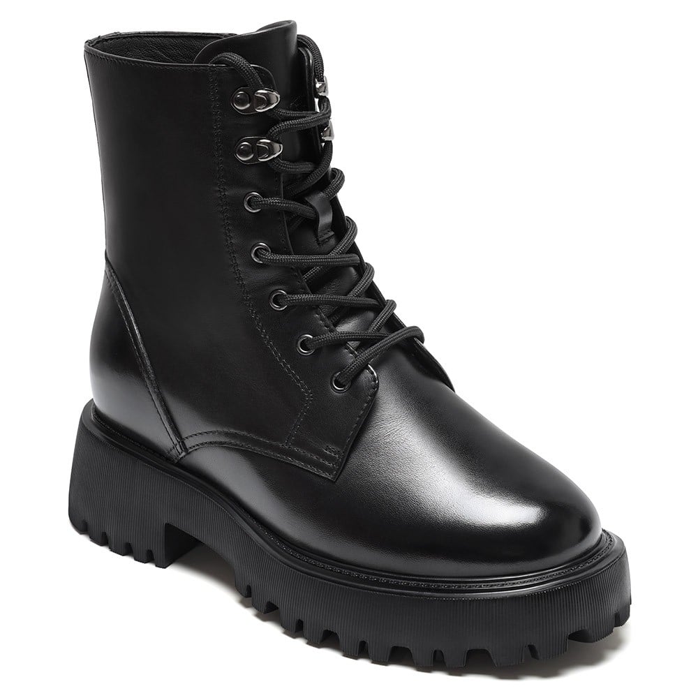 Women's Black Leather Lace Up Combat Elevator Boots | +8cm