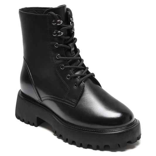 Women's Black Leather Lace Up Combat Elevator Boots | +8cm