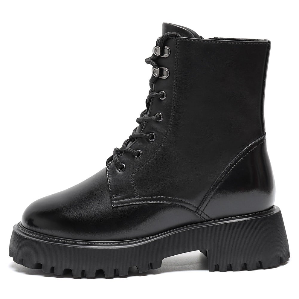 Women's Black Leather Lace Up Combat Elevator Boots | +8cm