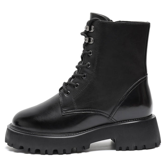 Women's Black Leather Lace Up Combat Elevator Boots | +8cm