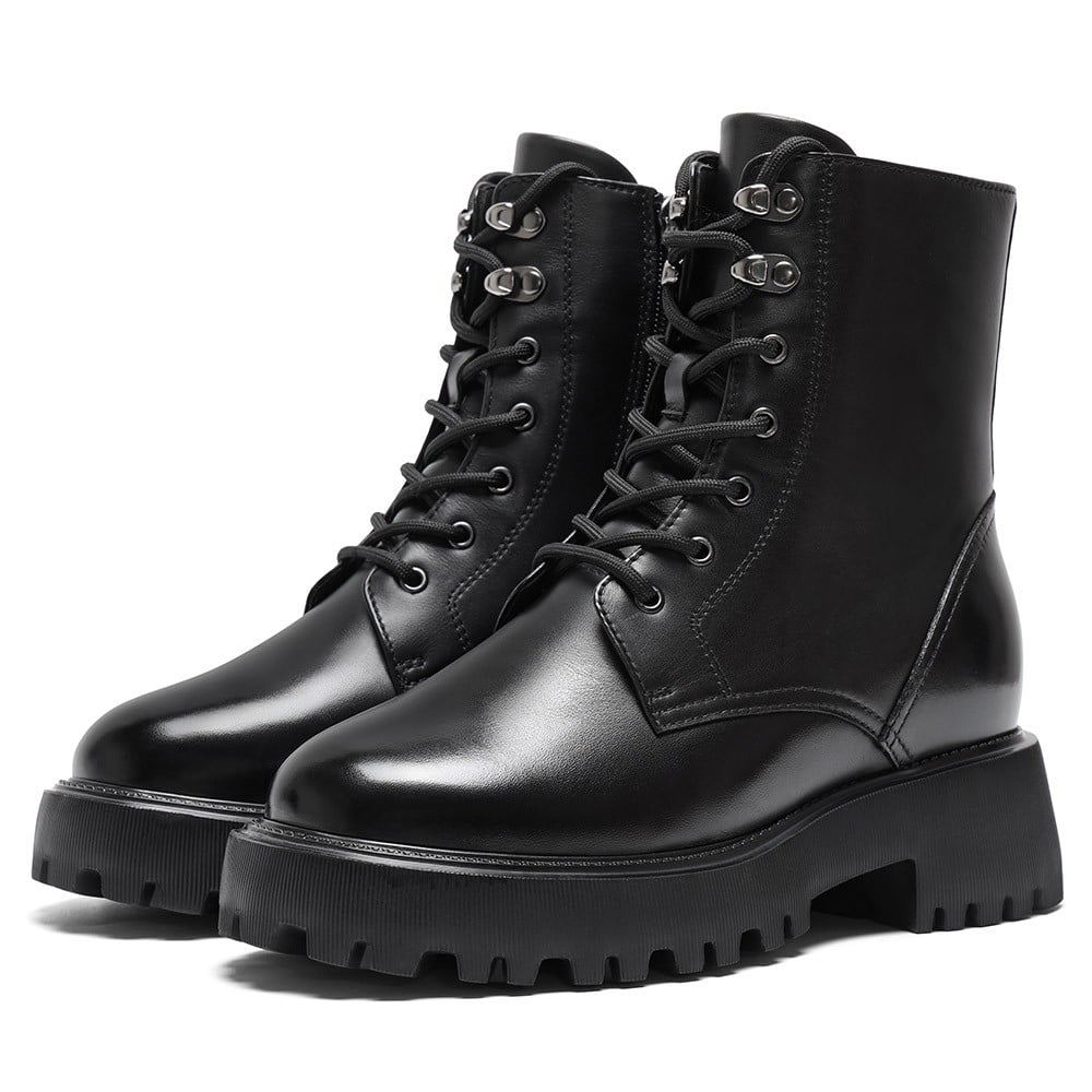 Women's Black Leather Lace Up Combat Elevator Boots | +8cm