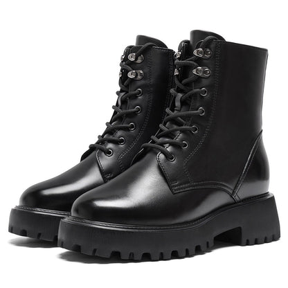 Women's Black Leather Lace Up Combat Elevator Boots | +8cm