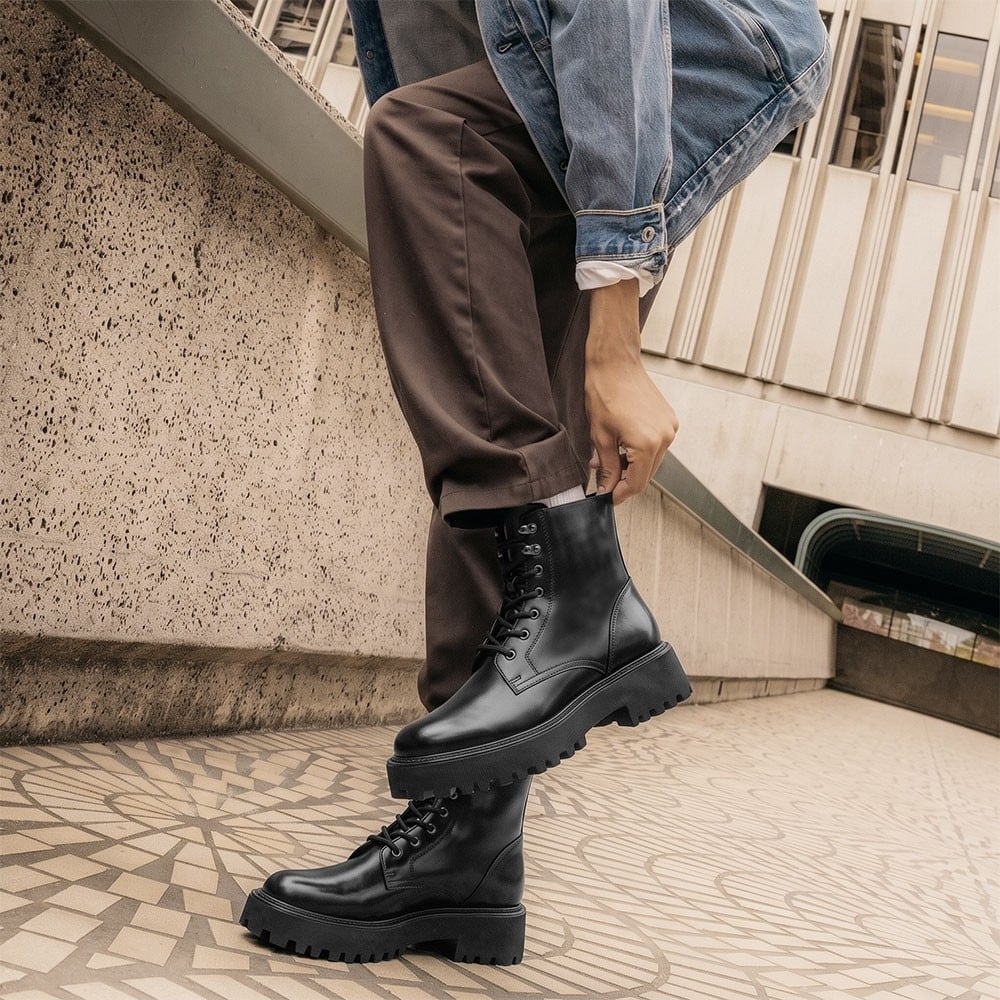 Women's Black Leather Lace Up Combat Elevator Boots | +8cm