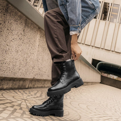 Women's Black Leather Lace Up Combat Elevator Boots | +8cm