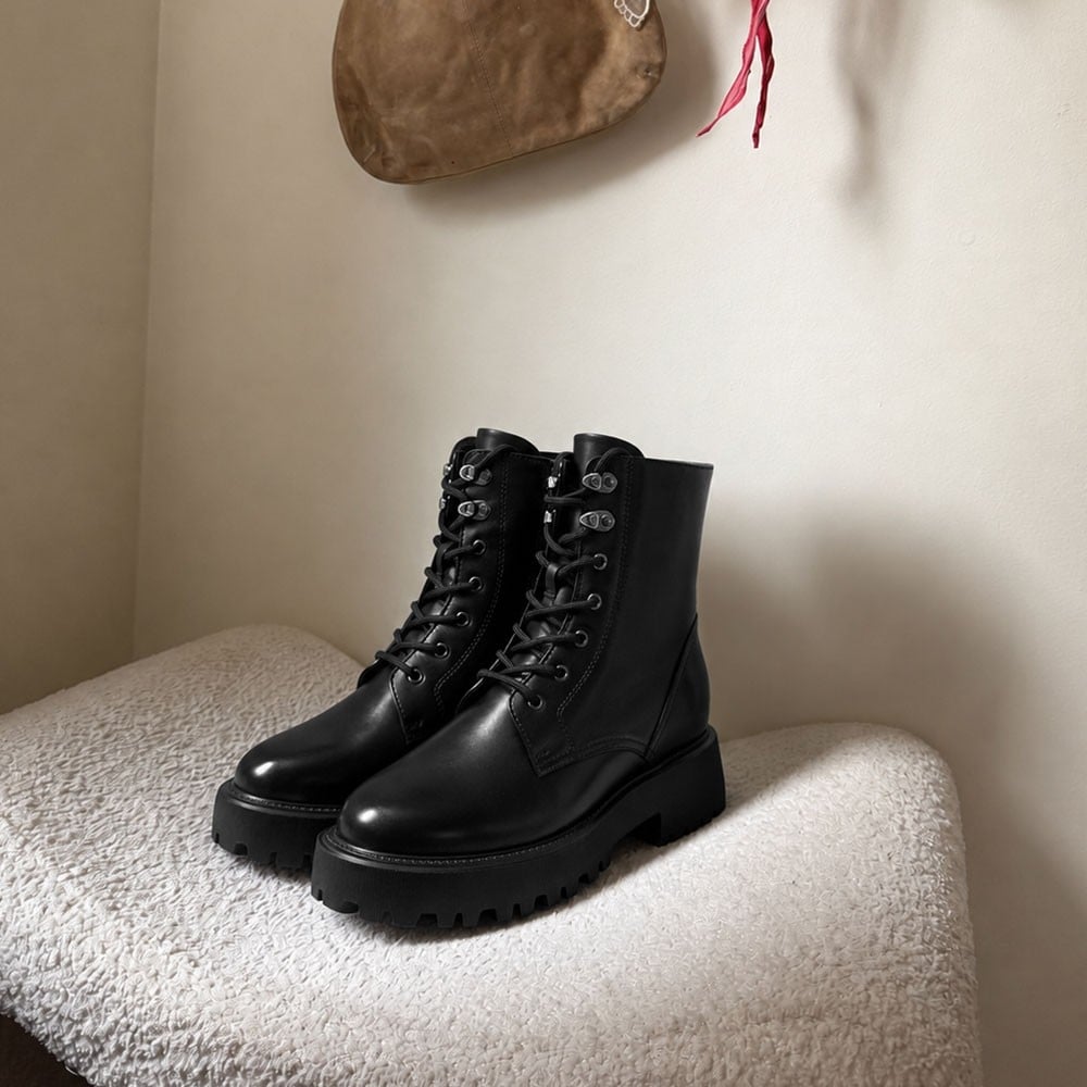 Women's Black Leather Lace Up Combat Elevator Boots | +8cm